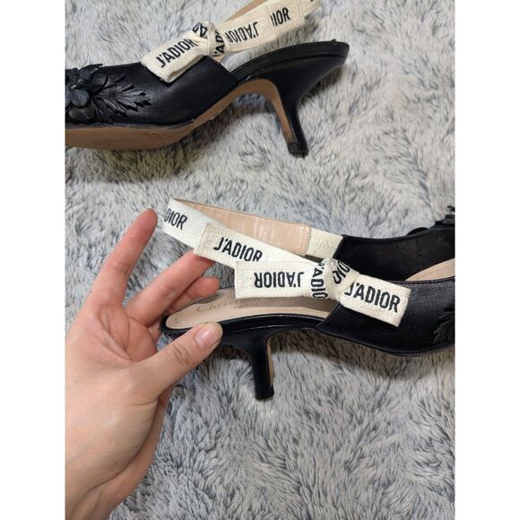 Dior J'Adior Slingback Pumps Bow Black Floral Leather Applique Size 37 - Picture 10 of 13